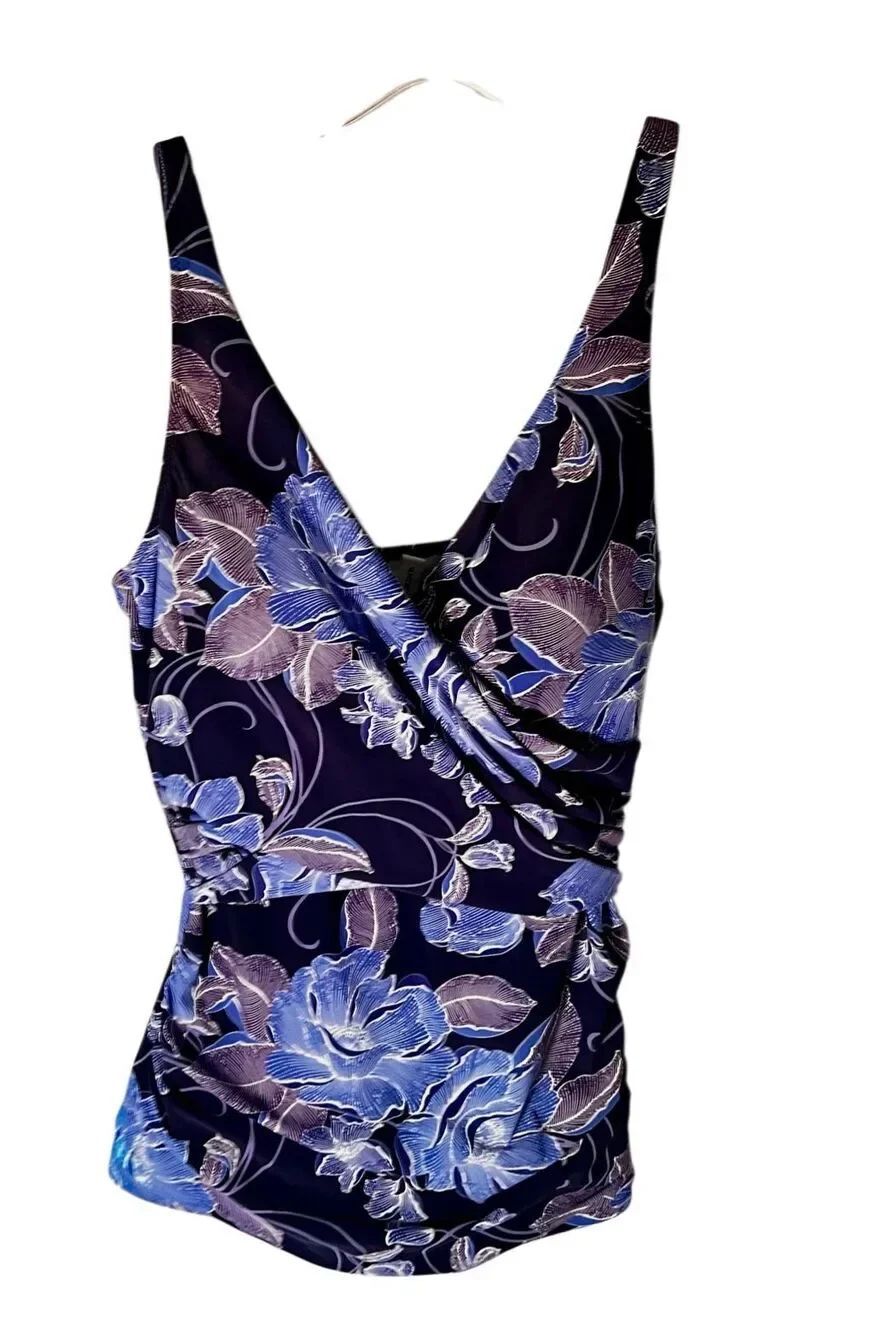 Lands' End Wrap Tankini Swimsuit Top Blue & Purple Fliral Paisley Pattern Sz 10
